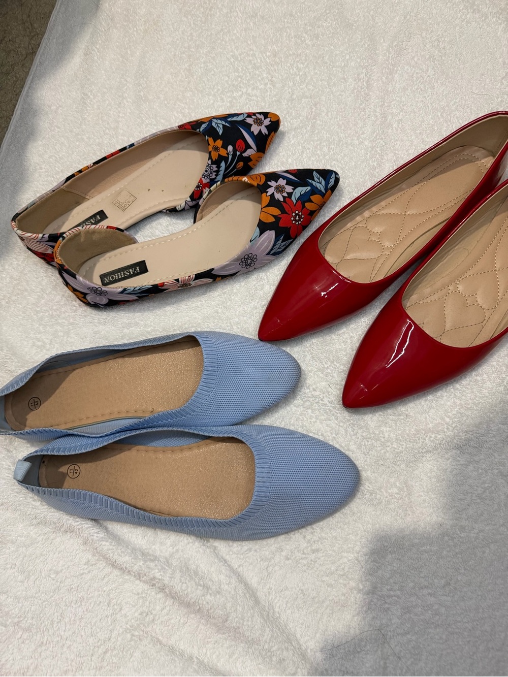 Floral Pointed-Toe Flats, Light Blue Knit Flats, and Red Patent Flats - Women's